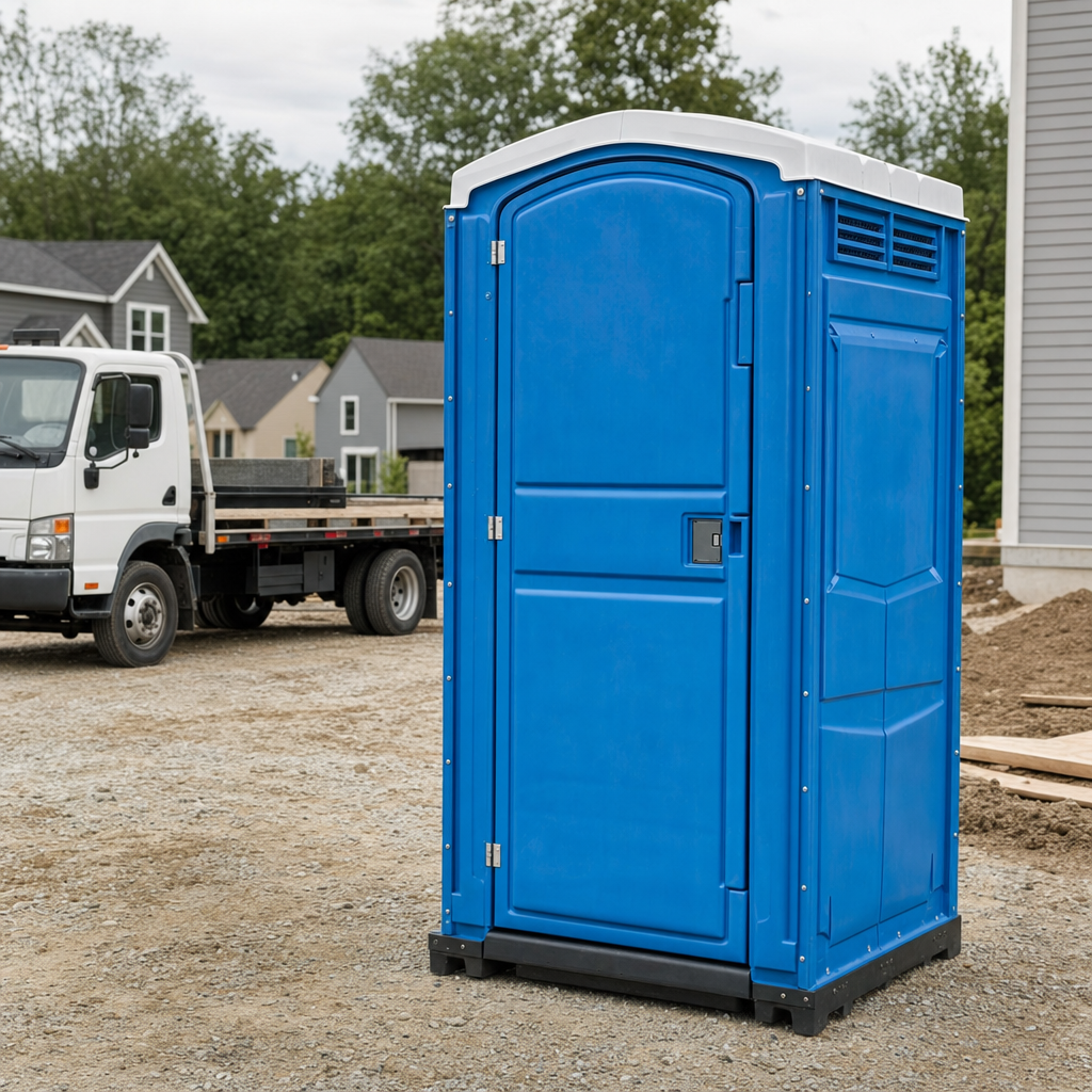 Delivery driver positioning a clean royal-blue portable toilet on level ground at a Murrieta worksite