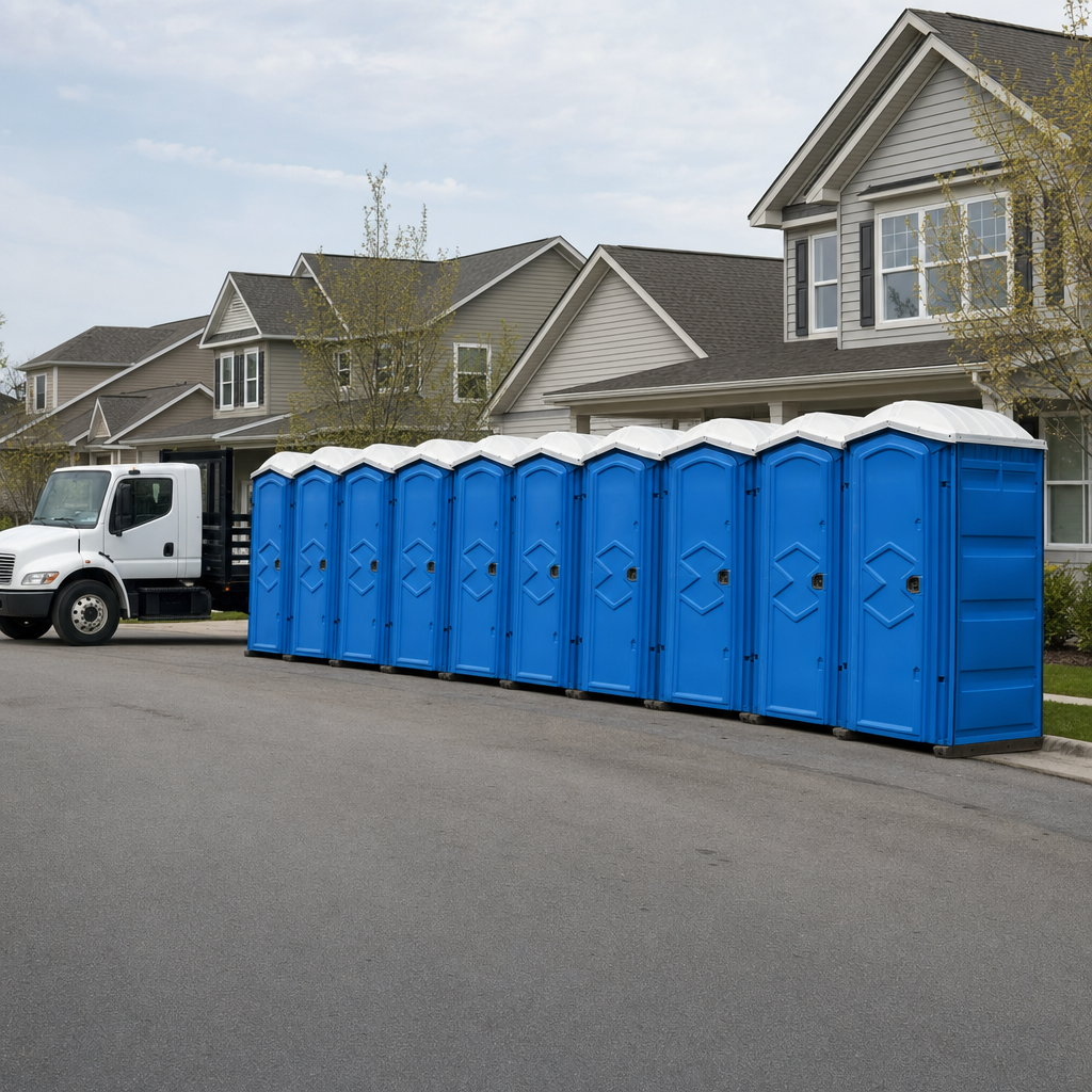 Royal blue portable toilets staged in a tidy row at a Murrieta jobsite, ready for delivery